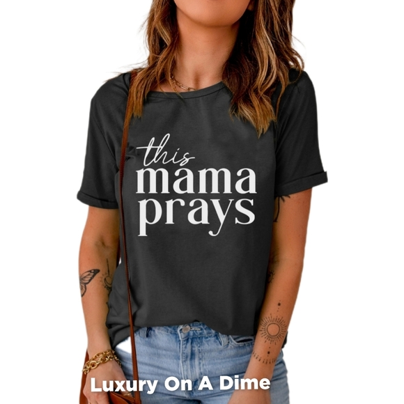 THIS MAMA PRAYS Shirt Cuffed Short Sleeve Graphic Black Top - Picture 4 of 7